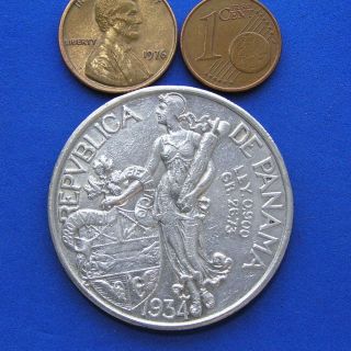 Panama 1 Balboa SILVER Coin. 1934 Crown Size. 38.1mm.