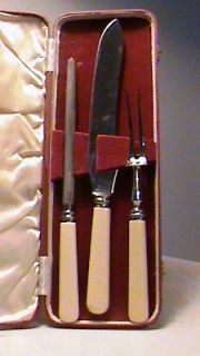   Stainless Steel 3 PC Knife Fork Cultery Meat Carving Set W/CASE MINT