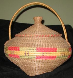   NEEDLE LIDDED BASKET FROM COUSHATTA OR CADDO TRIBE~16 T x 13 W~NICE