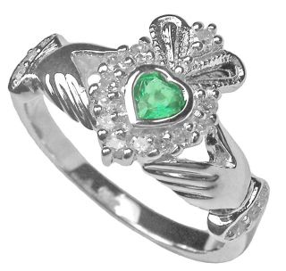 Silver Emerald Claddagh Celtic Ladies Ring Irish sz 7 6 8 7.5 6.5 r