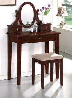 FREE SHIP**CHERRY FINISH SOLID WOOD VANITY TABLE BENCH MIRROR SET