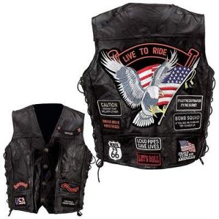Mens Black Leather Motorcycle Biker Vest jacket w/14 Patches~M L XL 2X 