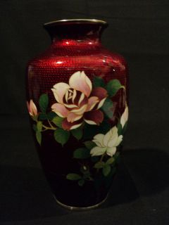 BEAUTIFUL JAPANESE CLOISONNE PIGEON BLOOD VASE with SILVER RIMS