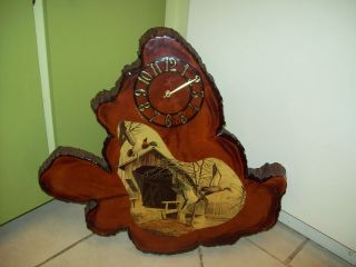 Vintage Cypress Wood Wall Clock w/Duck Mallard & Covered Bridge Scene 