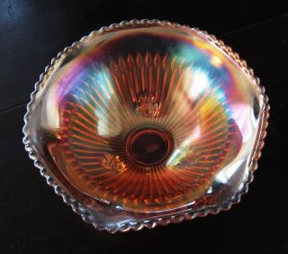 VINTAGE PRESSED CARNIVAL GLASS CANDY DISH   IRIDESCENT ORANGE  UNKNOWN 