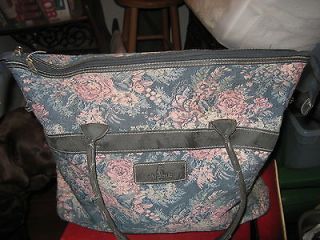 vtg Atlantic luggage tote carryon green tapestry floral pink roses 