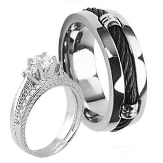   Black Cable Inlay Titanium & Sterling Silver 3 Stone Wedding Ring Set