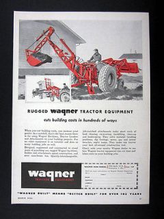 Wagner Tractor Equipment Backhoes Loader Attachments 1956 print Ad 