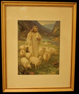 Framed Religious Print Warner Sallman Jesus with his flock Figure and 