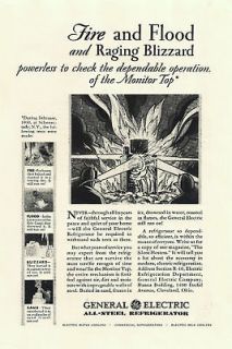 1930 VINTAGE GENERAL ELECTRIC STEEL REFRIGERATOR FIRE FLOOD PRINT AD