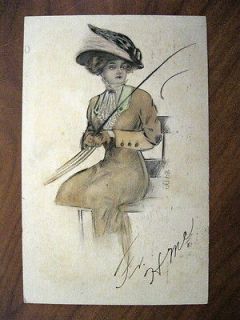 Postcard 159452 Signed Art Woman Hat Fashion Buggy Whip