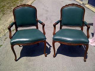   Duvall, carved solid hardwood, green leather upholstered chairs, USA