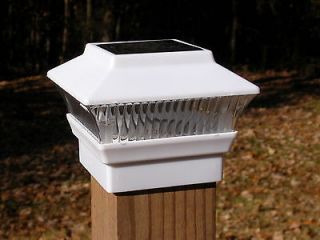 Set White Solar 4x4 Fence Post Cap Deck Mount Light Wood PVC Vinyl 