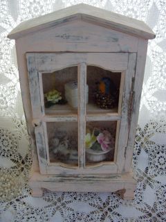 Shabby Weathered Pink Wood Curio Display Footed Cabinet Glass Door
