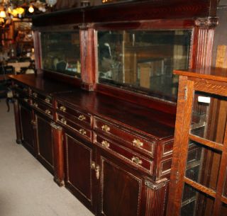 1890s Oak Back Bar Buffet Dual Beveled Glass Mirrors