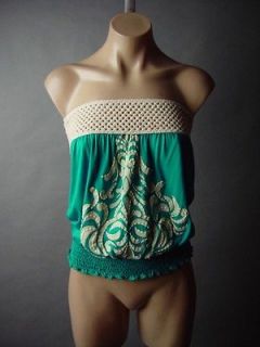 Moroccan Ethnic Design Motif 70s Boho Smocked Crochet Blouson Tube Top 