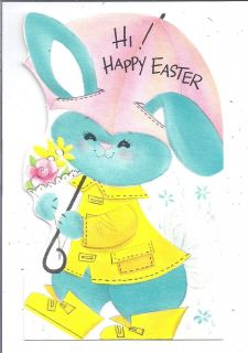 Vintage Easter Card Blue Bunny Rabbit Yellow Raincoat Galoshes PInk 