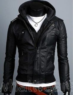JJ Mens Slim Top Designed Sexy PU Leather Hoodie Jacket Coat Black 