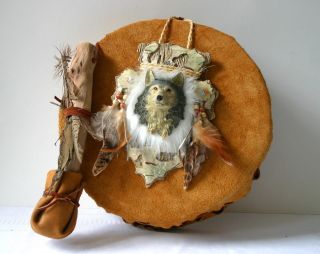 Very Cool Handmade PowWow Drum Western Decor Tomtom Wolf Plaque 