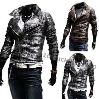NWT Mens Casual TOP Alligator Washed leather Lapel Zip Jacket Coat 2 
