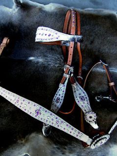 BRIDLE BREAST COLLAR WESTERN LEATHER HEADSTALL PURPLE TACK RODEO BLING 