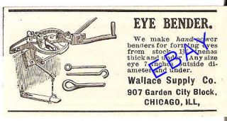 OLD 1906 WALLACE HAND EYE BENDER AD BOLT NUT CHICAGO IL