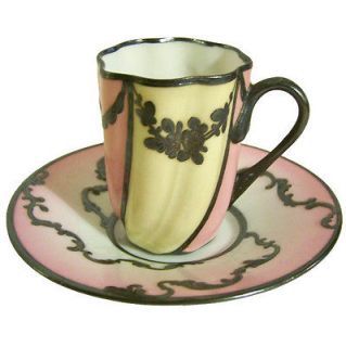 Paris Porcelain Sevres style DEMITASSE PINK YELLOW SILVER OVERLAY CUP 