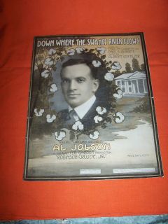 DOWN WHERE THE SWANEE RIVER FLOWS, Al Jolson Cover, 1916 Sheet Music 