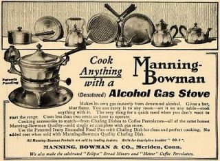   Manning Bowman & Co Alcohol Gas Stove Cookware   ORIGINAL ADVERTISING
