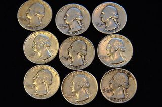 Lot of 9 Silver Washington Quarters 1937,​1939,1941,1950​D&S,1952D 