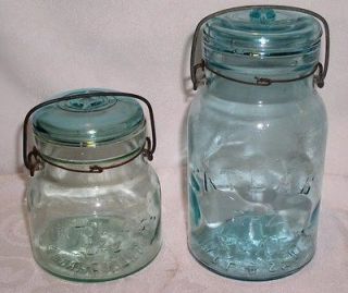 Lot of 2 Vintage Blue ATLAS E Z Seal Bail Top Canning Jars ½ qt & 1 