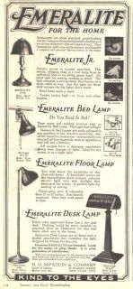 1920 PAGE AD   EMERALITE   GREEN GLASS SHADE DESK LAMP   VERY 