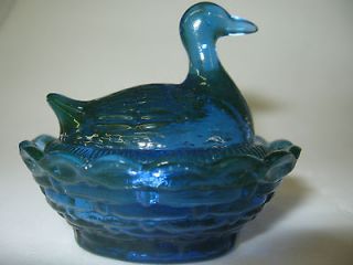 Cobalt Vaseline glass salt cellar celt duck on nest basket dip swan 