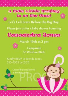 UPrint UMBRELLA MONKEY Baby Shower Invitation BIRTHDAY girl pink and 