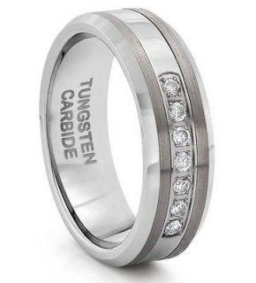 8MM Tungsten Mens Silver Multi Diamond Wedding Band Ring