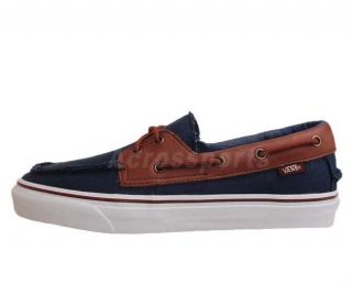 Vans Zapato Del Barco Dress Blue Canvas Brown Leather Mens Casual Boat 