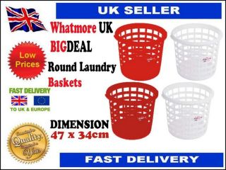 WHATMORE UK ROUND PLASTIC LAUNDRY BASKETS IN WHITE & RED DURABLE BRAND 