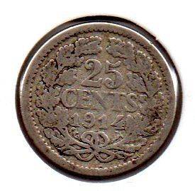 1914 Nederlanden Silver 25 Cents Coin, W6
