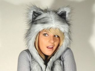 Faux Fur Cute Animal Ears Hat Gloves Mittens Scarf Hood Paws ** Husky 