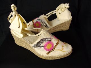 GISELLE Straw Wedge Ladies Canvas Sandals Shoes BNIB