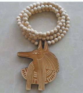   Egyptian Anubis Wood Wooden Pendant Beaded Necklace Hip Hop Style K156