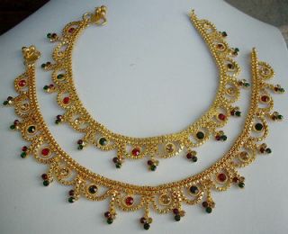 indian bellydance jewelry anklet set goldplated wedding cz chain payal