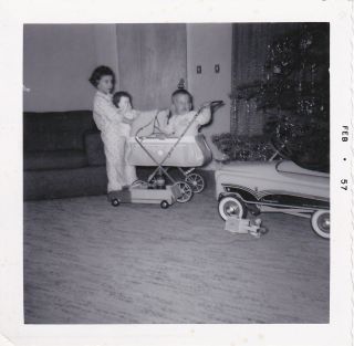   Young Brunette Girl & Boy with Doll Champion Pedal Car Toy Truck 1957