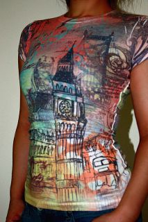 Big Ben Clock Tower London Graffiti Bus Bridge Juniors Girls Shirt 