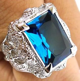 BIG BLUE TOPAZ DRAGON CLAW AXE SILVER PLATED RING 10.5