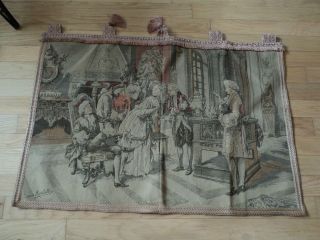 VINTAGE TAPESTRY WALL HANGING VICTORIAN SCENE PINK BEIGE GRAY SIGNED 