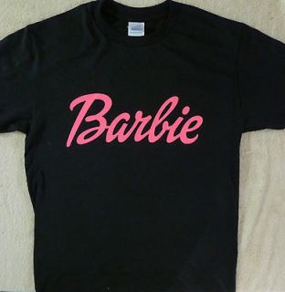 BARBIE~ LOGO HOT PINK PRINT ON A BLACK T SHIRT TEE~SMALL THRU 2XL NEW 