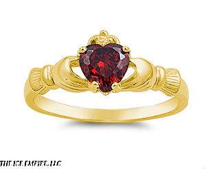   18K Gold Plated Sterling Silver JANUARY RED GARNET HEART Claddagh Ring