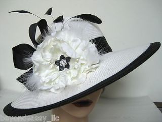 White Black Kentucky Derby Church Dress Wide Brim Hat Swarovski 