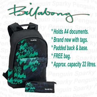Billabong Black & Green Mens/Boys Backpack Rucksack School Bag Set inc 